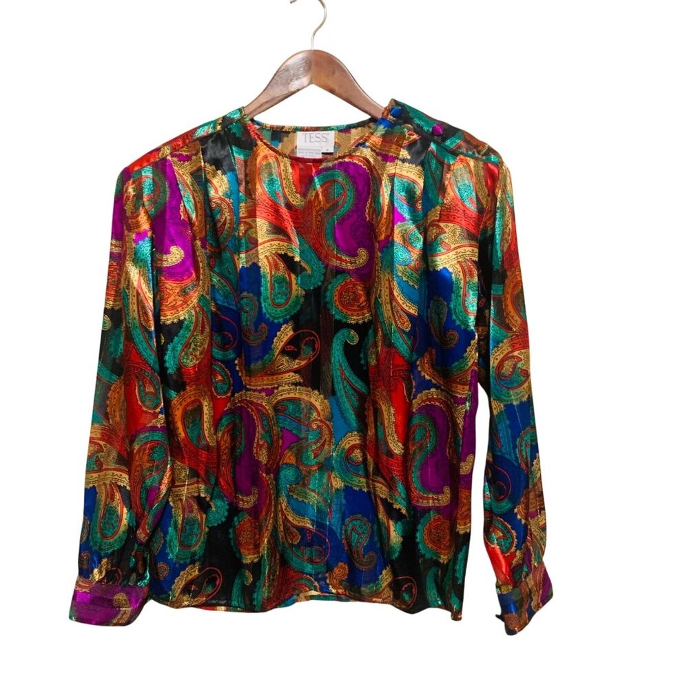 Vintage Tess‎ Multicolor Paisley Print Long Sleeve Blouse Sz 6 Y2K Old Money